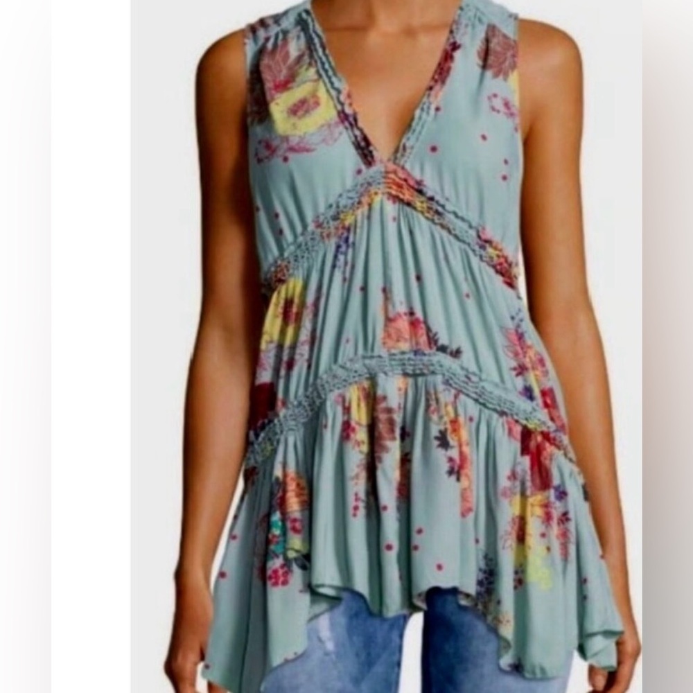 Free People Blue Haze Floral Sleeveless Tiered Tunic - Picture 1 of 7